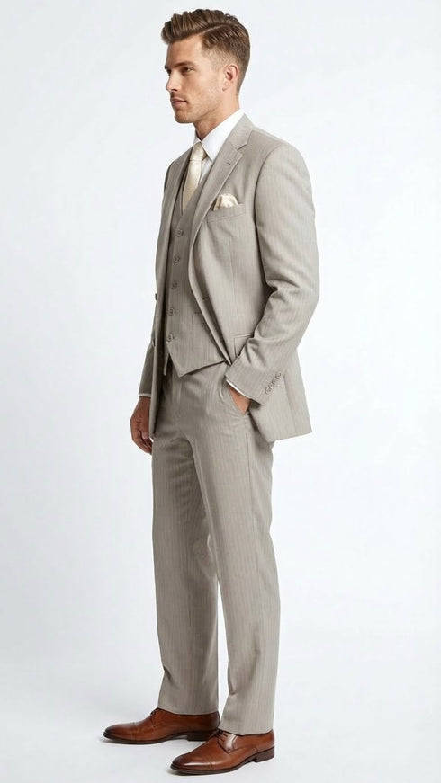 Men’s Light Tan Pinstripe 3 Piece Suit with Jacket, Vest, and Pants | Shadow Stripe Tone Tone Pleated Pants Classic