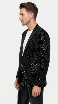 Men’s Black Velvet Sequin Swirl Dinner Jacket – Blazer Paisley Sparkly