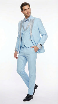 Men’s Light Blue Suit with Silver Glitter Lapel – Light Blue Formal Tuxedo Suit for Prom, Wedding and Special Occasion Wear in Sky Baby Blue