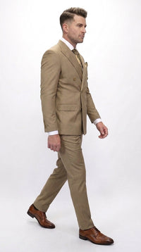 Men’s Statement Brand Caramel Khaki Double Breasted Wool Suit, Designer Formal Business Suit Set Wool Suit in Camel Color