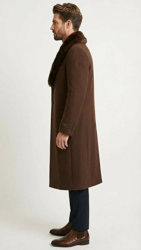 Men’s Brown Long Overcoat with Faux Fur Collar – Classic Winter Formal Coat Three Quarter Carcoat Wool and Cashmere Fabric