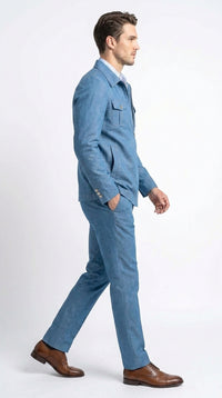 Men’s Light Blue Walking Suit – 2 Piece Casual Leisure Set with Zip Front Jacket Denim Style