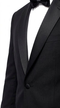 Men’s Black Uniform Tuxedo – One-Button Satin Lapel Formal Suit for Weddings, Prom and Events