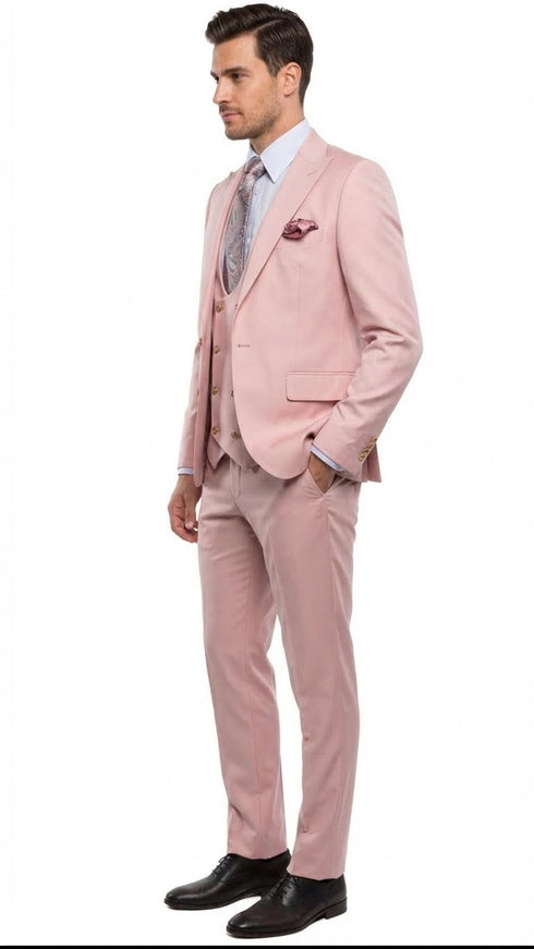 Men’s Blush Pink and Gold Three-Piece Suit – Tailored Fit Formal Wedding, Vested Suit By Rossiman