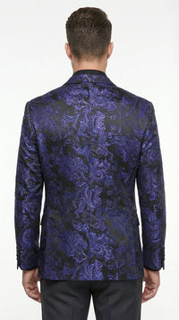 Mens Royal Blue Paisley Jacquard Blazer – Luxury Pattern Tuxedo Dinner Jacket with Black Satin Lapel for Wedding, Prom With Bowtie