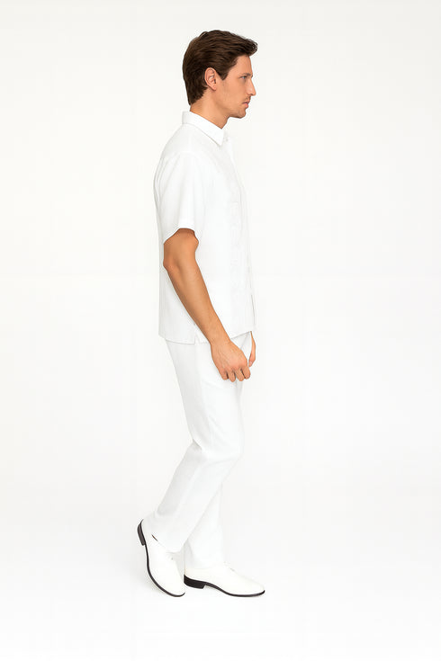 Men’s White Embroidered Guayabera Two-Piece Set – Short Sleeve Shirt and Pants