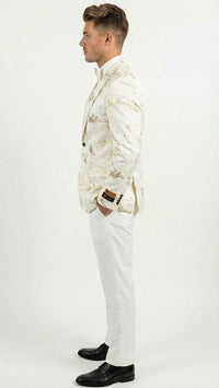 Men’s White and Gold Patterned Blazer – Paisley Floral Pattern Prom Wedding Suit Tuxedo Dinner Jacket + Bowtie
