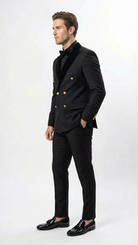 Men’s Black Double Breasted Tuxedo Suit – Luxury Formal Dinner Jacket Gold Buttons Velvet Lapel