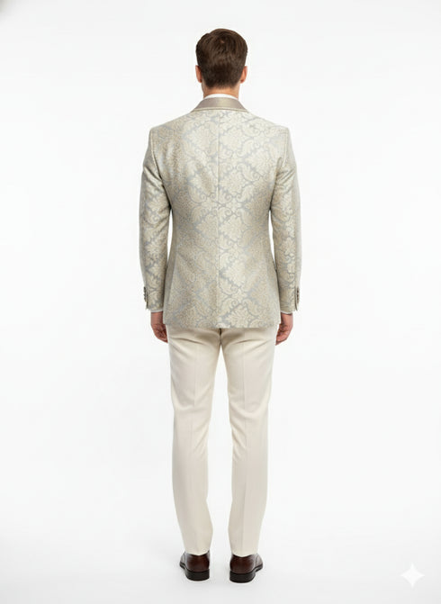 Men’s Champaign Silver and Cream Embroidered Luxury Blazer – Floral Pattern Wedding & Party Dinner Jacket in Light Tan Color
