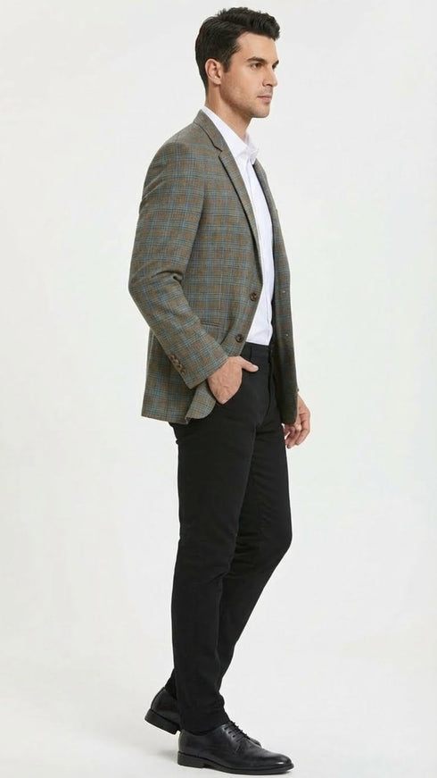 Men’s Green Brown and Teal Plaid Sport Coat – Tailored Fit Check Blazer Jacket - Tartan Sportcoat