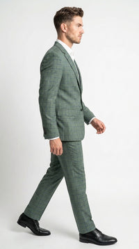 Men’s Tartan olive Green with blue checker Windowpane 2-Piece Suit – Modern Fit Plaid, Business and Formal Suit english styl