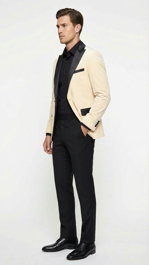 Men’s Ivory Dinner Jacket - Cream Velvet Blazer with Black Satin Lapel | Wedding and Party Formal Sport Coat in off white