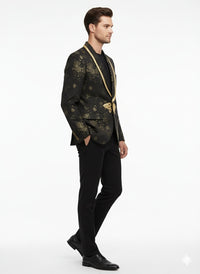Men’s Black and Gold Embroidered Luxury Blazer – Designer Floral Pattern Wedding & Party Jacket (Sim534)