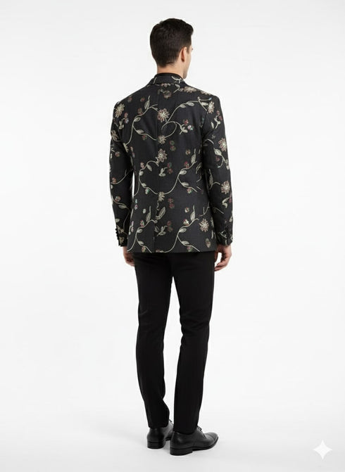 Luxury Black Floral Embroidered Blazer for Men – Designer Party and Wedding Wear Jacket