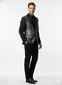 Mens Black and White and Silver Sequin Embroidered Blazer – Luxury Designer Party Wear with Geometric Detailing