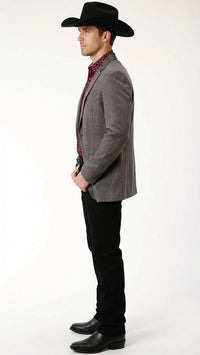 Men’s Charcoal Gray Western Faux Suede Blazer – Double Button Cowboy Jacket for Wedding & Party Wear