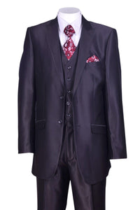 Mens 2 Button Vested Peak Lapel Shiny Sharkskin Suit in Black