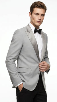 Men’s Silver Dinner Jacket – Satin Peak Lapel Tuxedo Blazer for Weddings, Prom & Formal Events in color silver grey