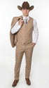 Men’s Khaki Tan Plaid Western Cowboy 3-Piece Suit – Texture Plaid windowpane Blazer, Vest & Pants