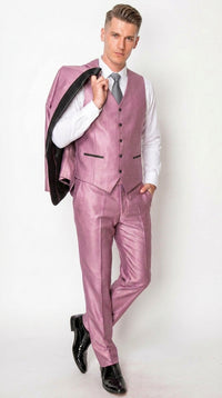 Men’s Shiny Mauve Pink 3 Piece Tuxedo – Wedding & Prom Suit with Black Shawl Lapel