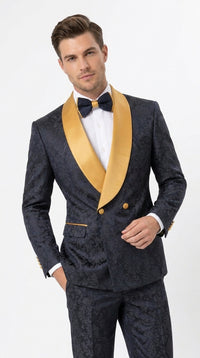 Men’s Black and Gold Hollywood Tuxedo – Double-Breasted Shawl Lapel Prom, Wedding and Formal Suit