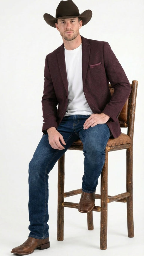 Men’s Burgundy Western  Blazer Jacket, Textured Cowboy Style Sport Coat for  - Tweed Herringbone Maroon Color