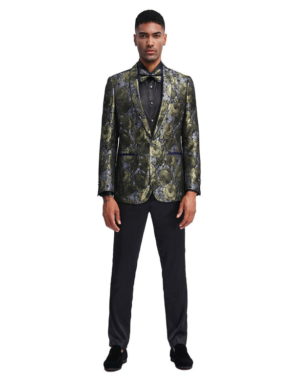 Mens Slim Fit Mettalic Floral Print Prom Blazer in Gold