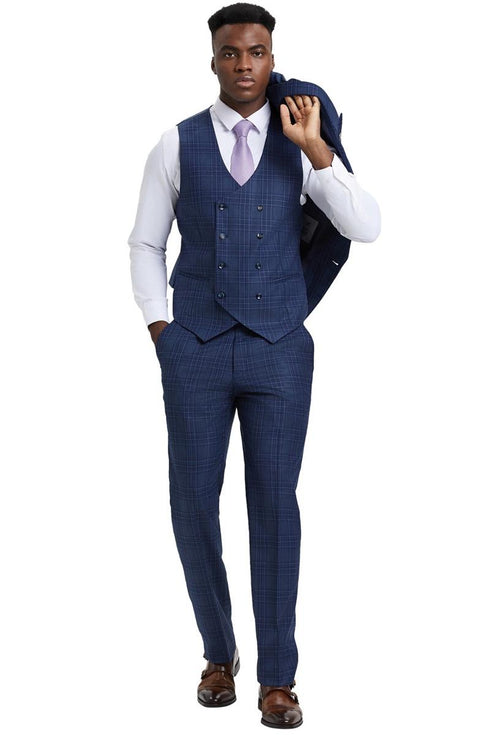 Men's Stacy Adams One Button Peak Lapel Double Breasted Vest Suit in Blue & Purple Plaid