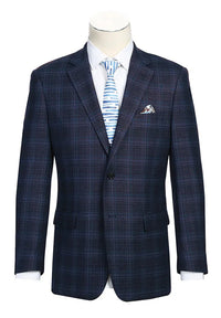 Wool Blend Regular Fit Stretch Checked Blazer in Navy