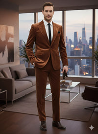 Mens Brown Velvet 2-Piece Suit – Luxury Slim Fit Formal Blazer and Pants Set in Rust Copper Color