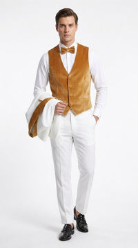 Men's White & Gold Tuxedo – Velvet Shawl Lapel 3 Piece Wedding & Prom Suit