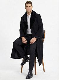 Men’s Black Long Overcoat with Faux Fur Collar, Full Length Winter Topcoat for Formal and Business Wear