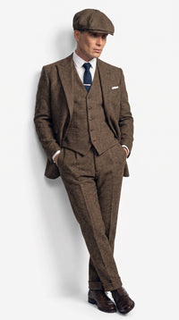 Men's Thomas Shelby Brown Herringbone 3-Piece Suit – Peaky Blinders 1920s Vintage-Style Suit with Matching Vest & Trousers
