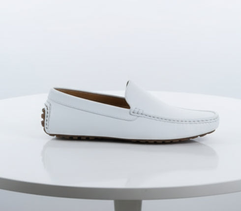 Men’s Mundo White Leather Loafers – Classic Slip-On Dress Shoes for Casual and Formal Wear