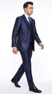Men's Shiny Navy Blue Sateen 3-Piece Suit – Elegant Wedding, Prom Dress Suit with Matching Vest and Pants Slim Fitted