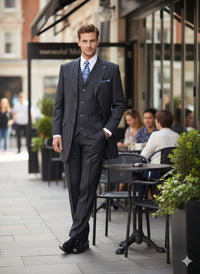Men’s Three Button Suits -  Navy Blue Pinstripe Three-Piece Suit – Classic Business and Formal Wear - Zoot Suit