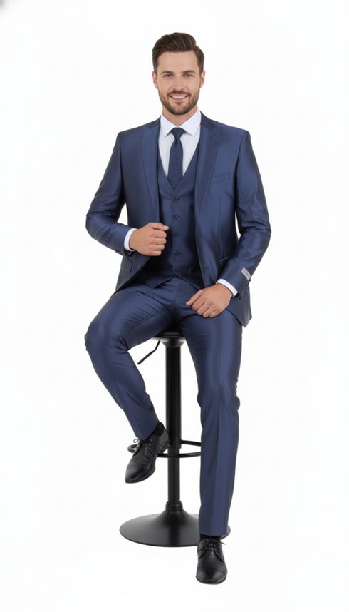 Men’s Navy Blue Shiny Finish 3-Piece Suit Set – Premium Tailored Fit Formal Wedding and Party Sateen Slim Fitted Suit