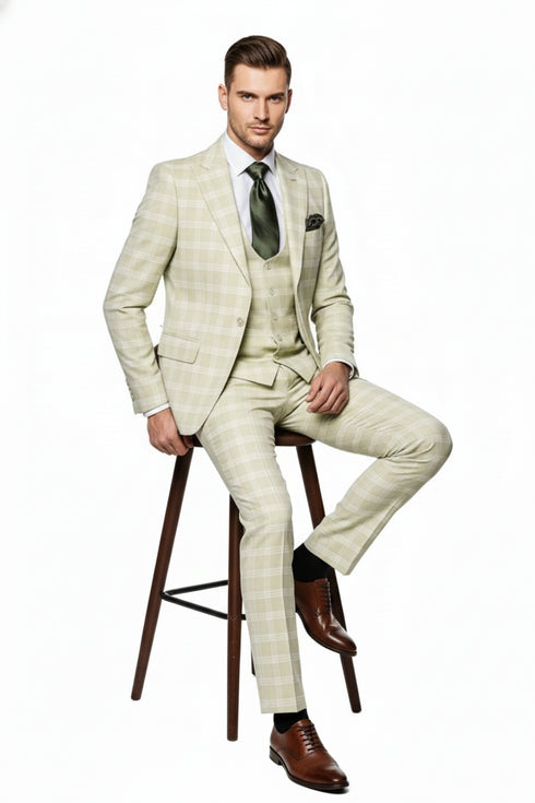 Men’s Light Beige Check 3-Piece Suit Set – Premium Tailored Fit Formal Wedding and Spring Event Suit Light Tan Sand Color By Rossiman
