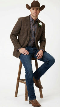 Men’s Brown Western Tweed Herringbone Blazer Jacket – Classic Cowboy Style Sport Coat for Wedding Party