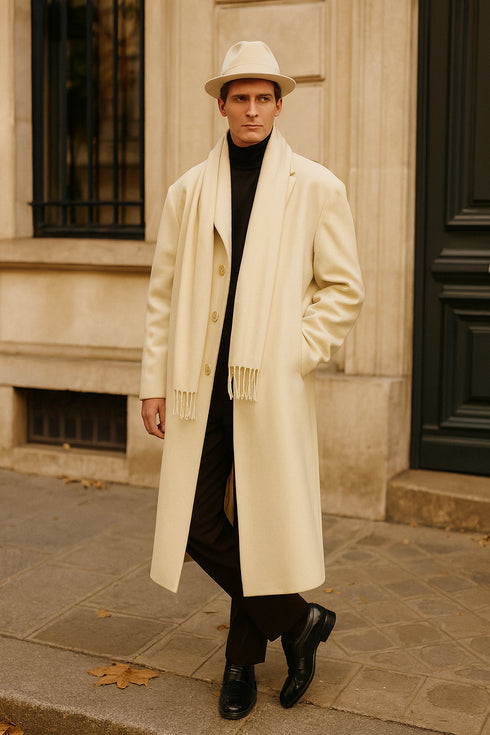 Men’s Long Cream Overcoat Wool Fabric in Ivory Off White Color Full length