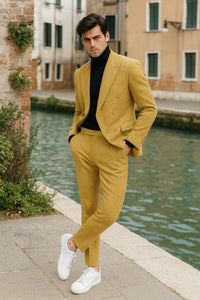 Men’s Gold Double Breasted Suit – Classic 1920s Camel Color Formal Slim Fit Suit