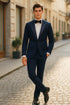 Men’s Navy Blue Tuxedo with Satin Peak Lapel With Matching Color Lapel Sateen – Formal 2 Piece Suits