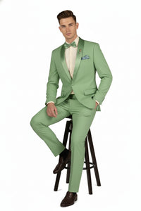 Men’s Mint Green Tuxedo – 2-Piece Formal Suit with Satin Shawl Lapel and Matching Bow Tie in  Sage Green