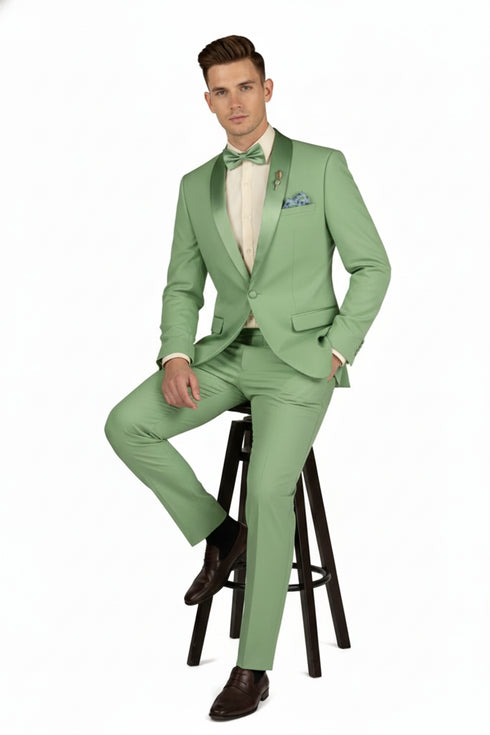 Men’s Mint Green Tuxedo – 2-Piece Formal Suit with Satin Shawl Lapel and Matching Bow Tie in  Sage Green