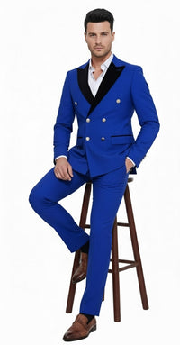 Mens Royal Blue Double-Breasted Tuxedo Suit – Modern Slim Fit Formal Wedding and Prom Outfit with Black Satin Lapel
