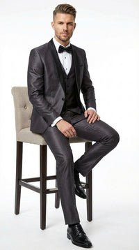 Men’s Shiny Sateen Charcoal Gray Tuxedo 3 Piece Suit with Black Shawl Lapel | Formal Wedding Prom Suit Sharkskin