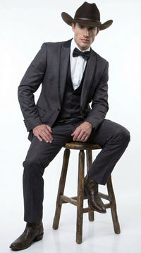 Charcoal Gray Western Tuxedo for Men | Classic Three Piece Formal Wedding and Evening Cowboy Tuxedo Suit With Trim Peak Lapel