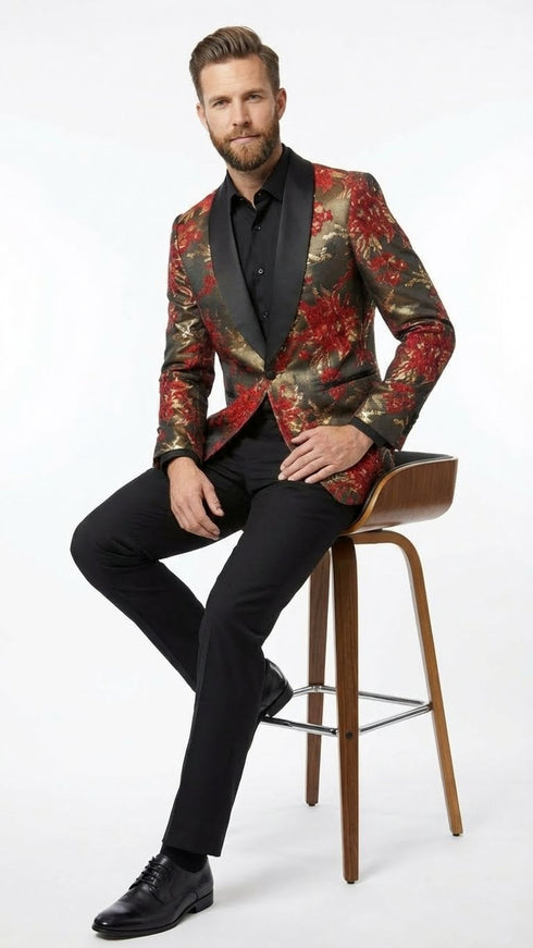 Men’s Red and Gold Floral Pattern Paisley  Shawl Lapel | Luxury Evening and Party Wear Jacket Prom Christmas New Year Blazer