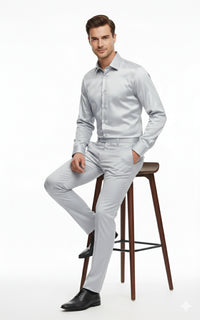 Men’s Silver Satin Dress Shirt and Pants Set – Luxury Slim Fit Outfit for Parties, Weddings, and Formal Events