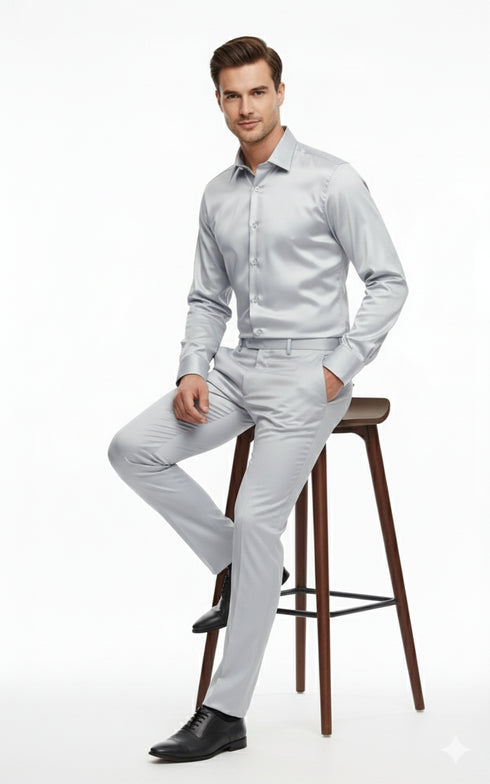 Men’s Silver Satin Dress Shirt and Pants Set – Luxury Slim Fit Outfit for Parties, Weddings, and Formal Events